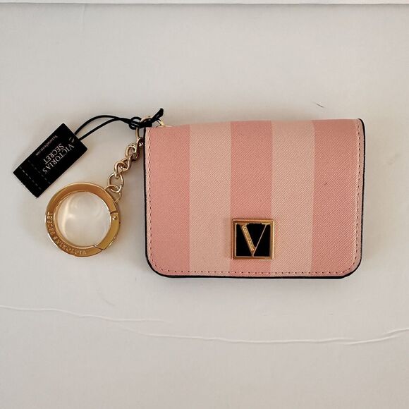 Victoria's Secret Pink Stripe Small Wallet 4 ID & Credit Cards Cash Keychain NWT - Picture 2 of 6